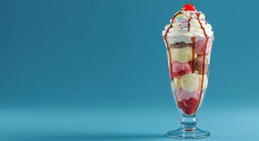 Ice cream sundae with cherry on top on blue background photo