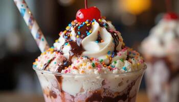 Two ice cream sundaes with chocolate and sprinkles photo
