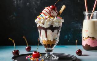 A dessert with ice cream, cherries and whipped cream photo