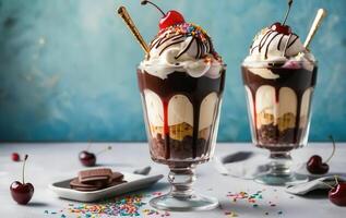 Two ice cream sundaes with chocolate and cherry toppings photo
