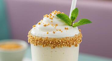 A white milkshake with whipped cream and a mint leaf photo