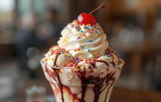 An ice cream sundae with toppings and a cherry photo