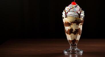 A sundae with ice cream, whipped cream and chocolate syrup photo