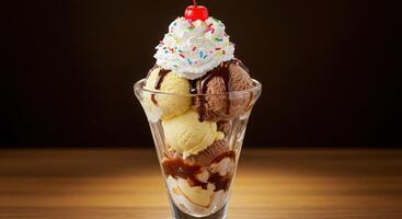 Ice cream sundae with cherry on top photo