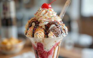 An ice cream sundae with toppings and a cherry photo