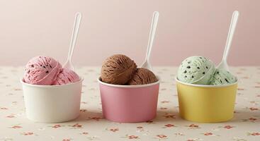 Three ice cream cups with spoons in them photo