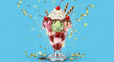 Ice cream sundae with cherries and ice cream on blue background photo