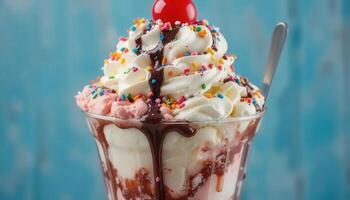 An ice cream sundae with chocolate, sprinkles and a cherry on top photo