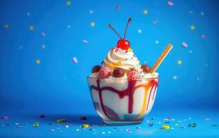 An ice cream sundae with cherries and sprinkles photo