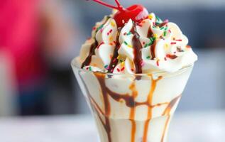 An ice cream sundae with a cherry on top photo