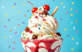 An ice cream sundae with cherries and sprinkles photo