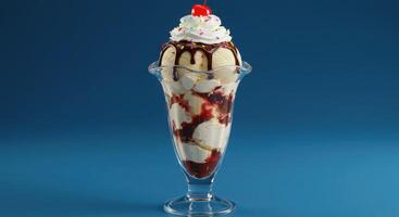 A sundae with ice cream, whipped cream and cherries photo