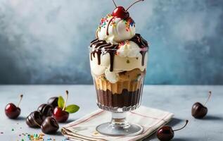 A sundae with ice cream, chocolate and cherries photo