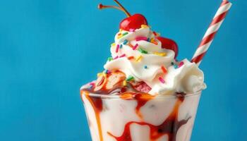 An ice cream sundae with cherry and whipped cream photo