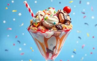 An ice cream sundae with toppings and confetti photo