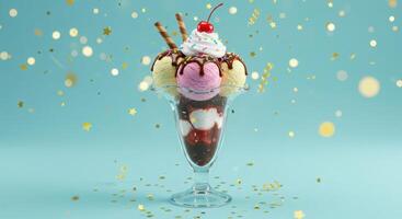 An ice cream sundae with toppings and confetti photo