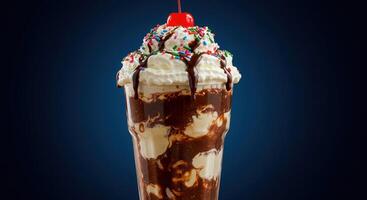 An ice cream sundae with chocolate and sprinkles photo
