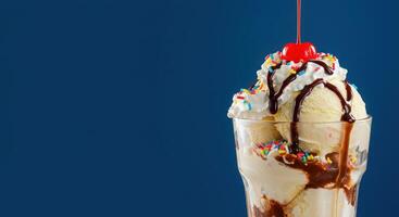 A glass with a sundae and a cherry on top photo