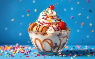 A sundae with ice cream, cookies and sprinkles photo