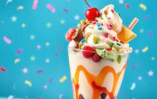 An ice cream sundae with toppings and confetti photo