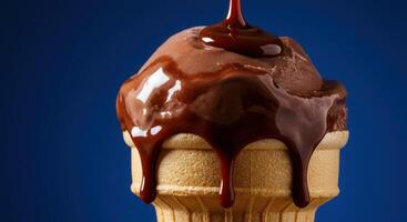 A chocolate ice cream cone with a drizzle of chocolate syrup photo