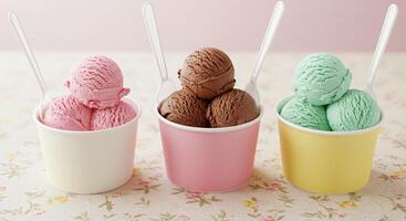 Three cups of ice cream with different colored scoops photo