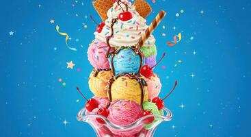 Ice cream sundae with cherry and sprinkles on blue background photo