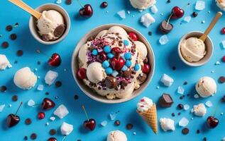Ice cream sundae with cherries and chocolate photo