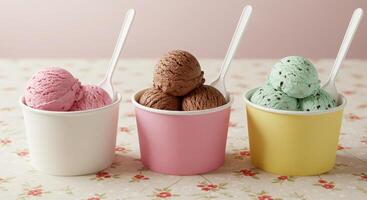Three cups of ice cream with different flavors photo