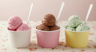 Three cups of ice cream with different flavors photo