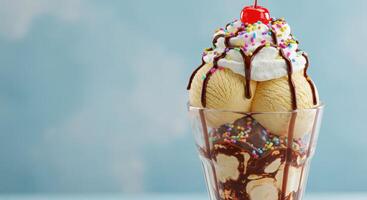 A sundae with whipped cream and chocolate syrup photo