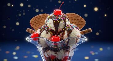 An ice cream sundae with chocolate and cherries photo