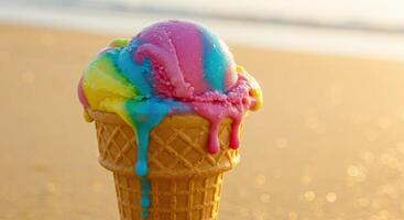 Ice cream cone with rainbow colored ice cream on the beach photo