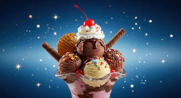 An ice cream sundae with chocolate, vanilla and cherry photo