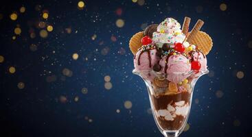 An ice cream sundae with chocolate, ice cream, and sprinkles photo
