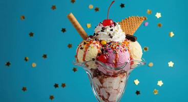 Ice cream sundae with cherry and sprinkles on blue background photo
