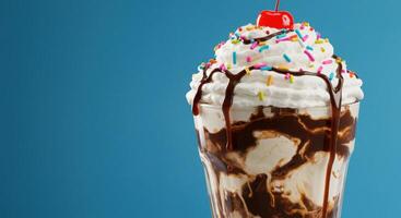 An ice cream sundae with chocolate and sprinkles photo