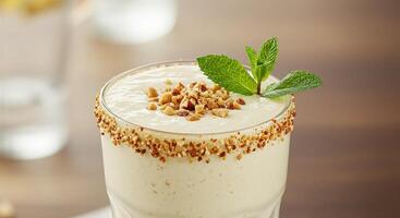 A glass of milk with nuts and a mint leaf photo