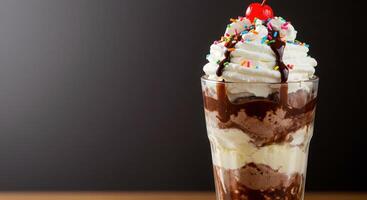 A sundae with chocolate and whipped cream photo