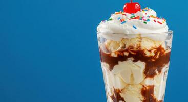 A glass of ice cream with a cherry on top photo