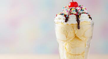 An ice cream sundae with whipped cream and sprinkles photo