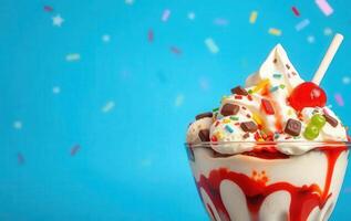 An ice cream sundae with a cherry on top photo