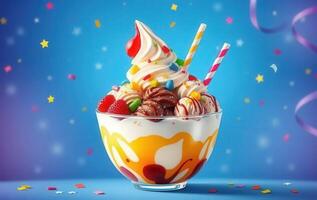 An ice cream sundae with colorful toppings photo
