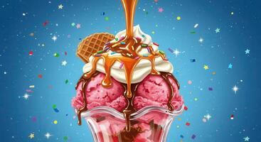 Ice cream sundae with chocolate and ice cream on a blue background photo