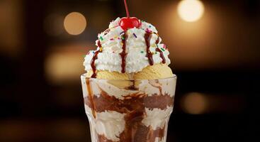 A chocolate sundae with whipped cream and a cherry on top photo