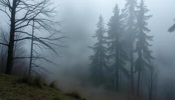 A foggy forest with trees and a trail photo