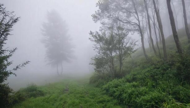 A path through the fog in the forest photo