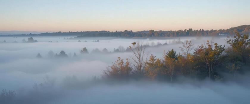A foggy forest with trees and trees in the foreground photo
