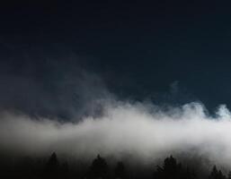 A full moon is seen over a forest with fog photo