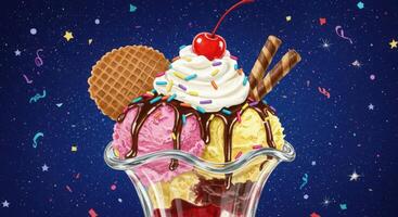 Ice cream sundae with cherry and waffle cone on blue background photo